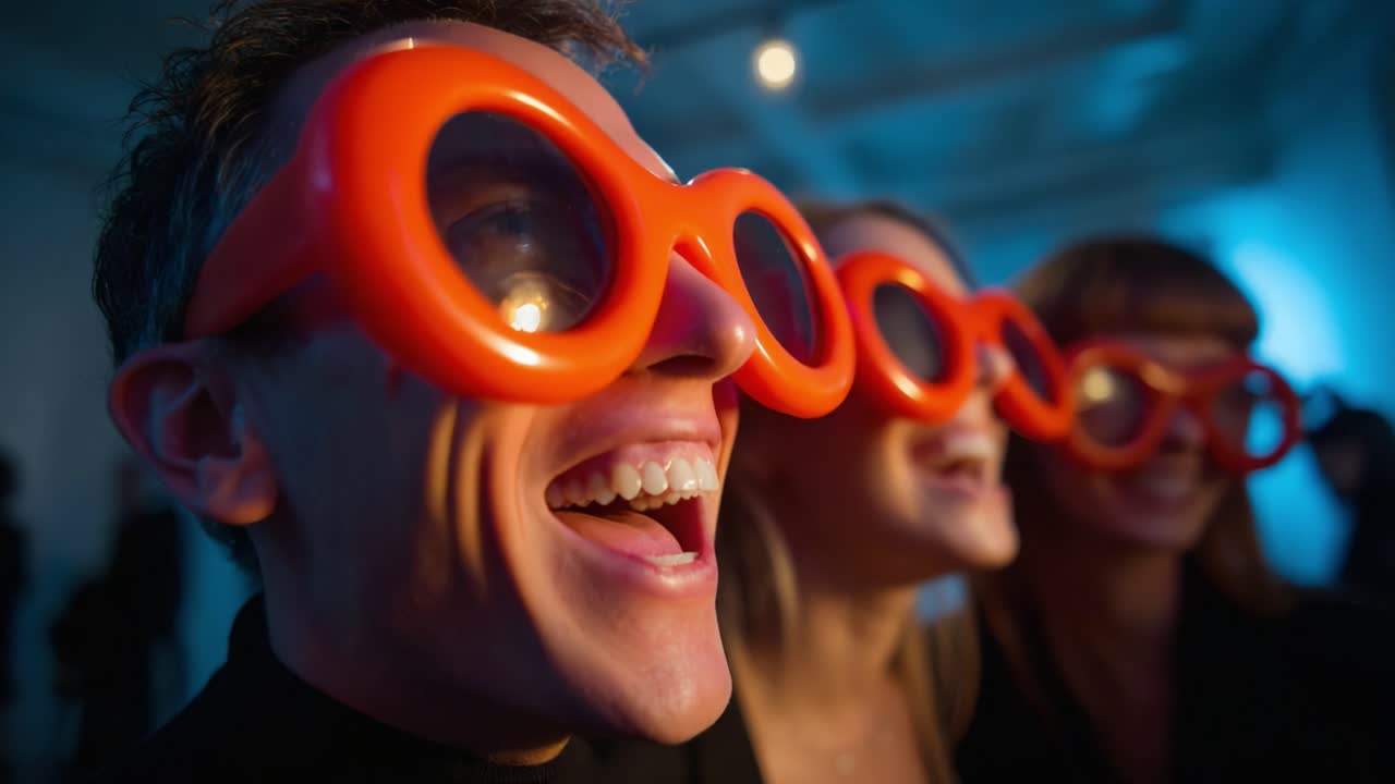 Joyful Expressions of Eyewear Enthusiasts at a Vibrant Event, Featuring Lively Attendees Wearing Bright Orange Glasses That Illuminate Their Faces in a Fun Atmosphere