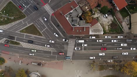 aerial top shot of cars traffic driving racianske myto intersection in bratislava, slovakia