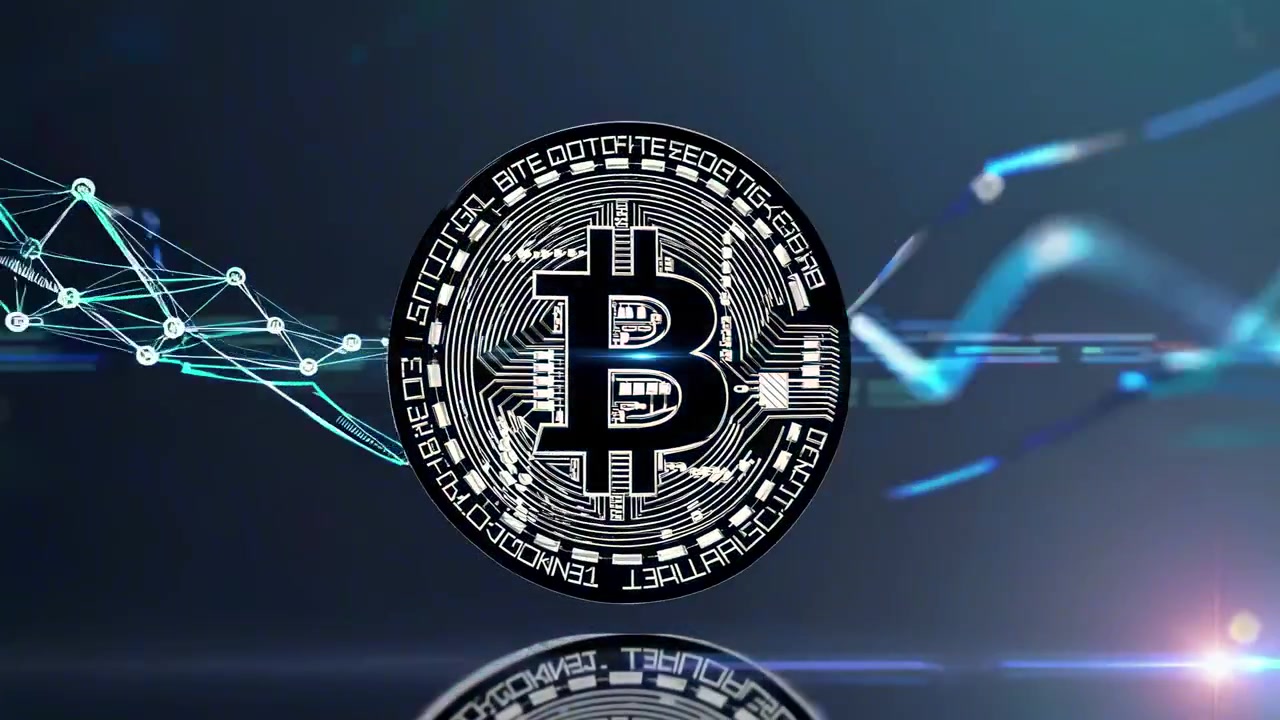 Moneta Bitcoin rotante con visualizzazione di dati di rete digitale