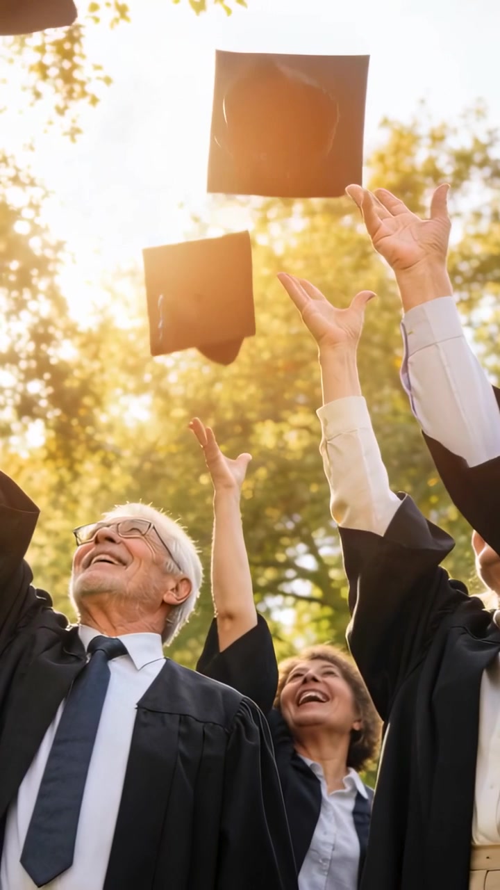 Video verticale: Alzando le braccia a comando, laureati in toga che festeggiano, lanciando i cappelli sotto gli alberi, sole.