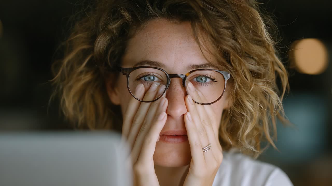 A Close-Up of a Woman with Curly Hair and Glasses, Expressing Frustration and Tiredness While Using a Computer, Captured in Two Distinct Frames Showcasing Emotion