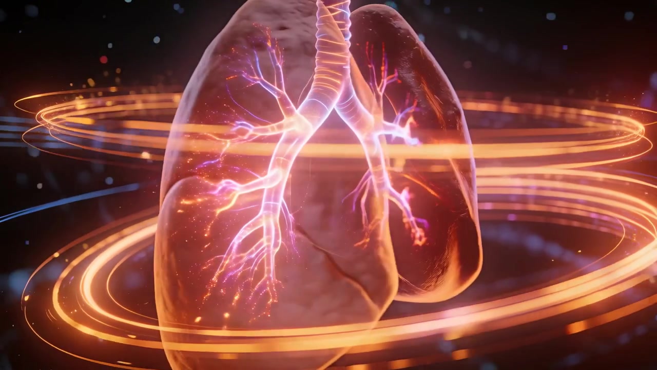 Animating 3D lungs model rotating and pulsing bronchi and trachea in hologram, rings for education