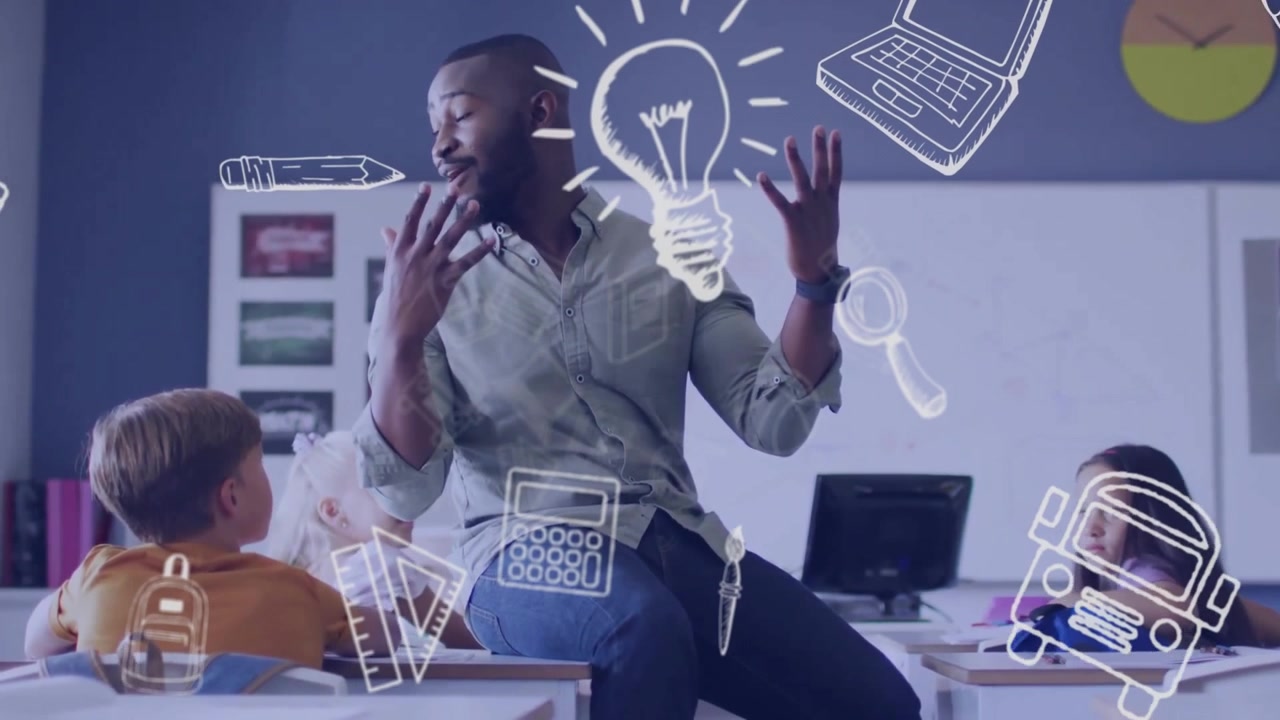 Animation of school icons over diverse schoolchildren and male teacher in classroom