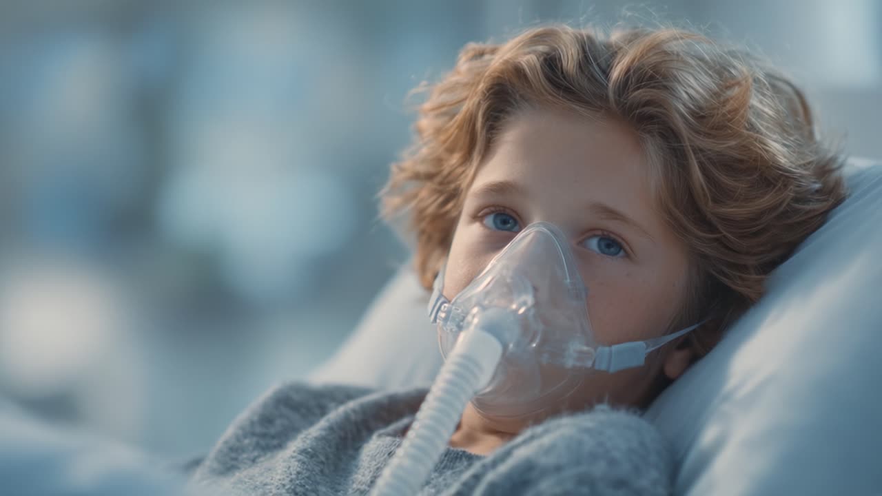 Una scena profondamente emozionante di un giovane paziente che usa una maschera per l'ossigeno mentre riposa in un letto d'ospedale, evidenziando le sfide della salute e della guarigione