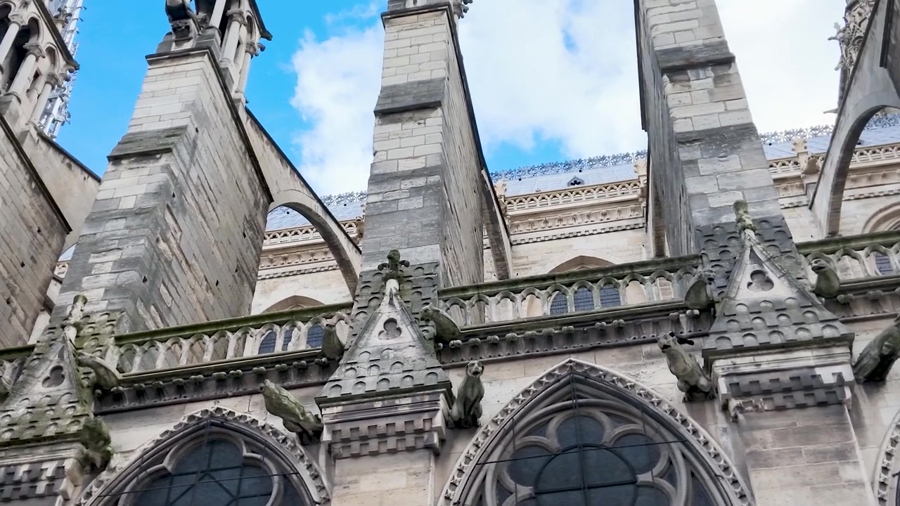Notre Dame Katedrali'nin taş uçan payandaları boyunca alçak açılı kamera kaydırma