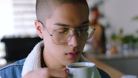 young man with coffee while reading on his tablet