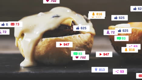 burger with melted cheese and animation of social media icons floating