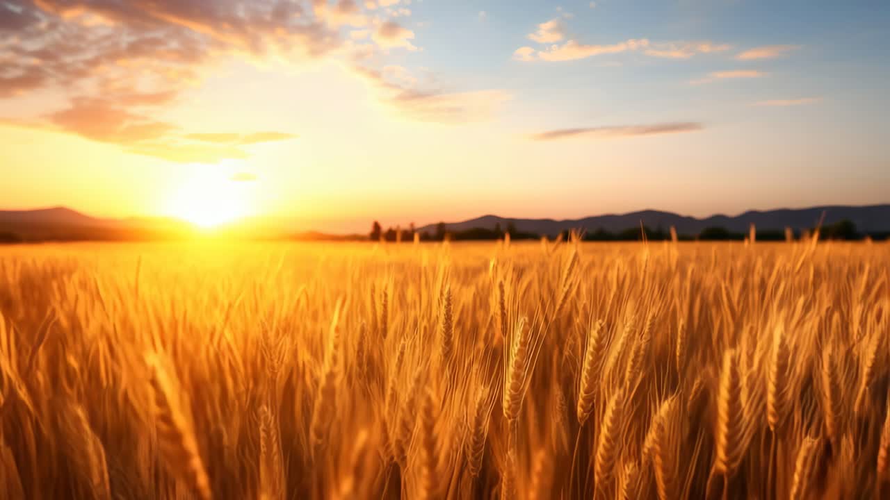 Golden wheat field at sunset, captured from a low angle, creates a warm, serene atmosphere