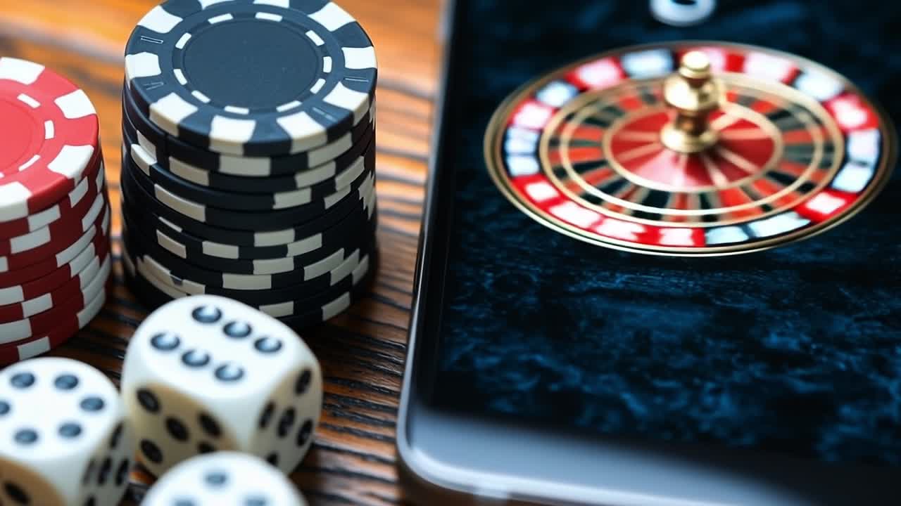 Exciting setup with chips and dice. Stacks of poker chips and dice are arranged next to a smartphone displaying a roulette wheel in a cozy setting.