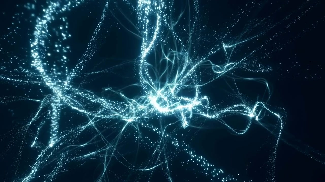 Fine luminous threads weave through drifting specks as curved streams shift outward from the center, forming layered waves of cool blue-white light against deep shadow.