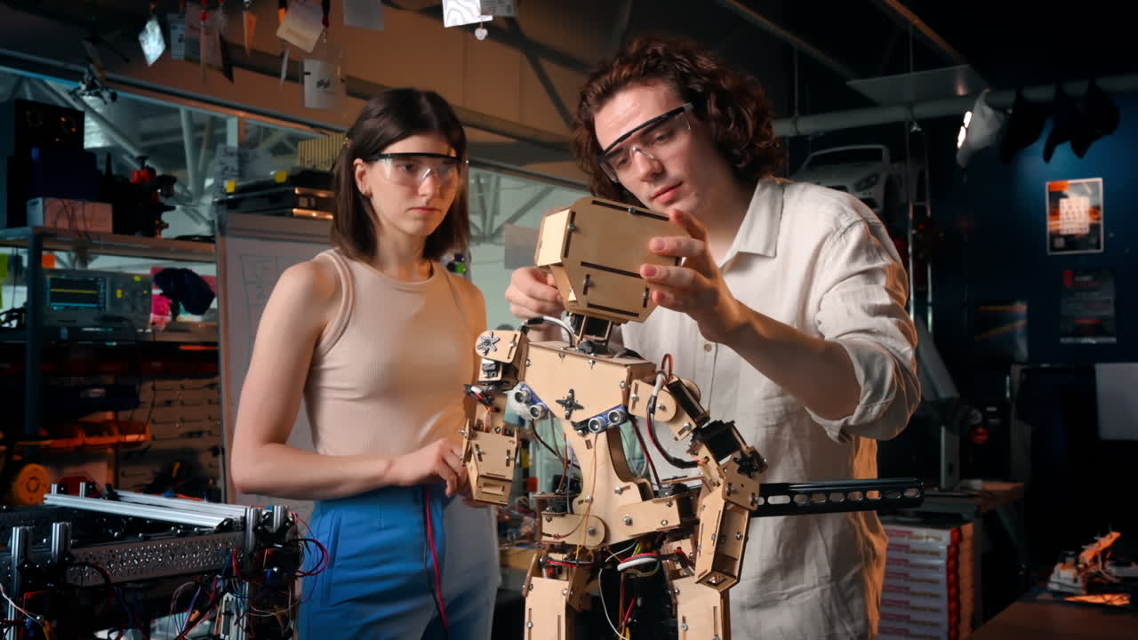 Young man and woman in protective glasses doing experiments in robotics in a laboratory. Robot on the table. Slow motion
