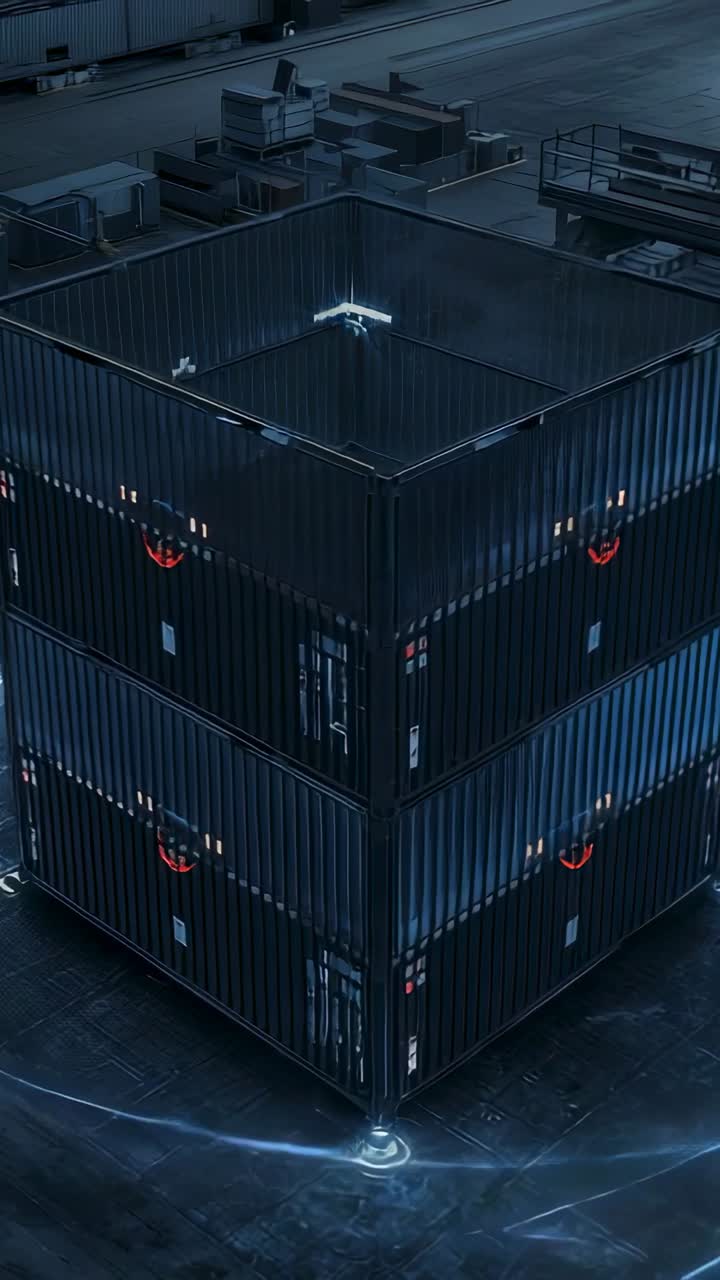 Vertical video: Sparking inside stacked containers activating node ring expanding across rooftop