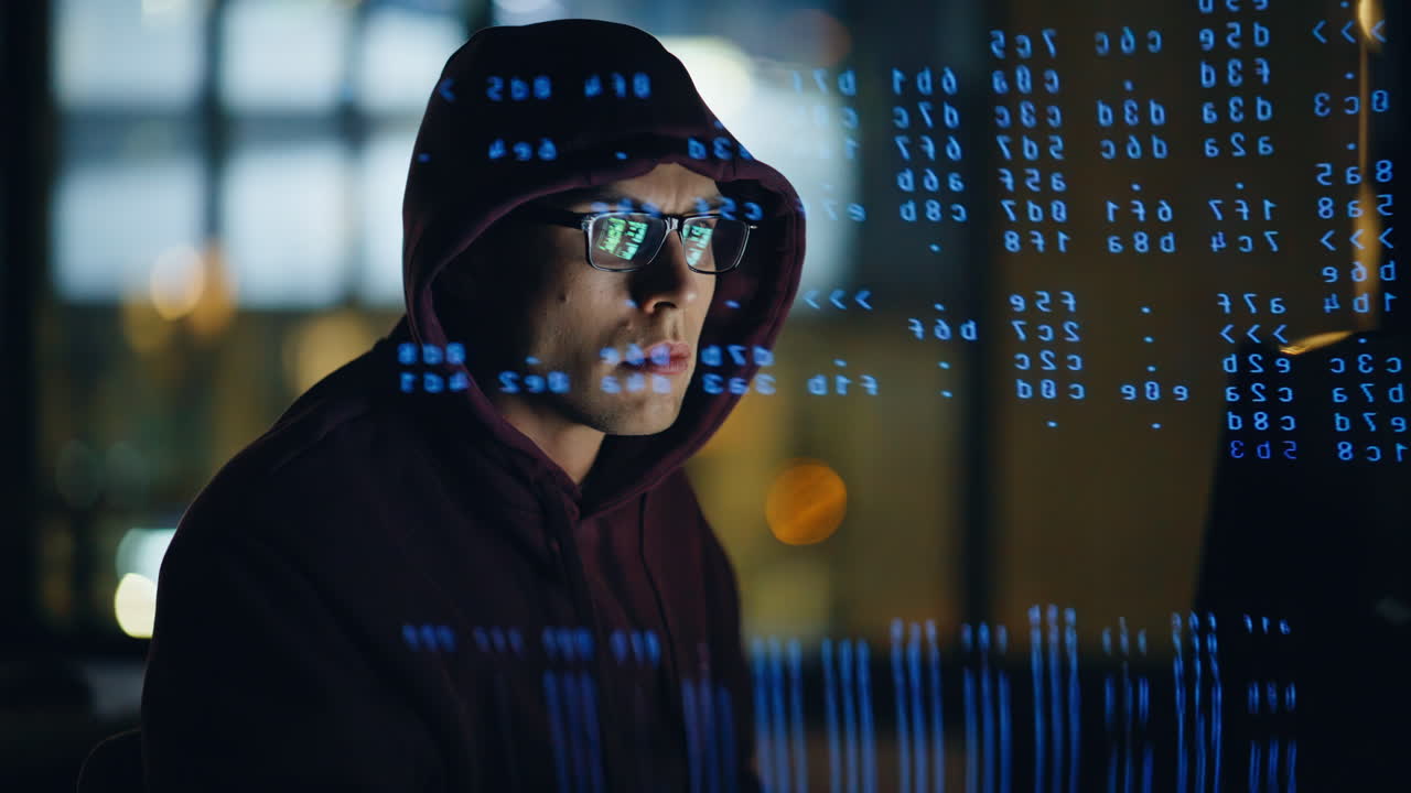 Software developer working computer late at evening apartment alone closeup