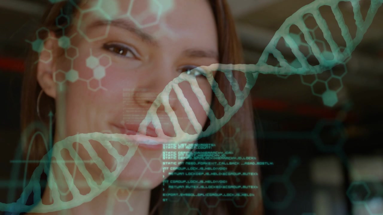 Woman tapping tablet, causing DNA helix, hexagon overlays, glowing code, analyzing genetics in cafe