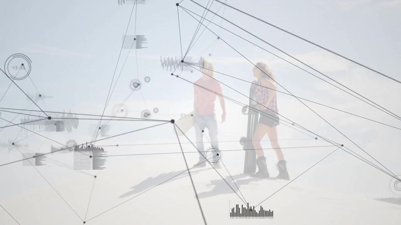 Animated grid appearing guiding couple walking skateboard scooter, network thickening for tech demo