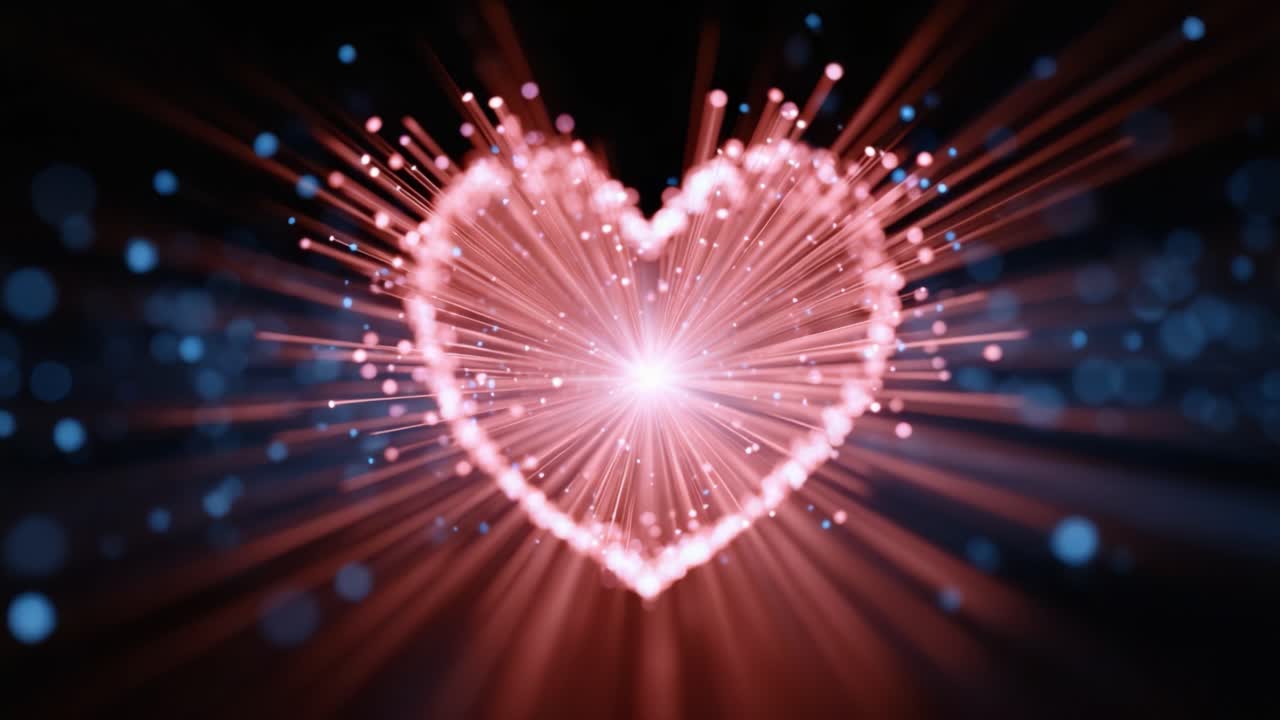 Una bellissima luce a forma di cuore con particelle di luce irradianti su uno sfondo scuro, che simboleggia l'amore e l'affetto con un'accattivante aura cosmica