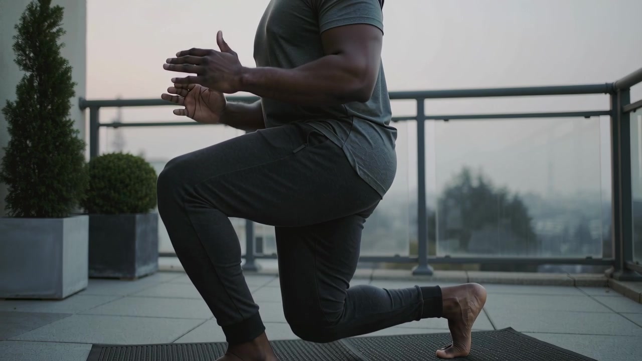Uomo a piedi nudi con pantaloni da jogging scuri fa un affondo sul balcone usando dei tappetini per l'allenamento