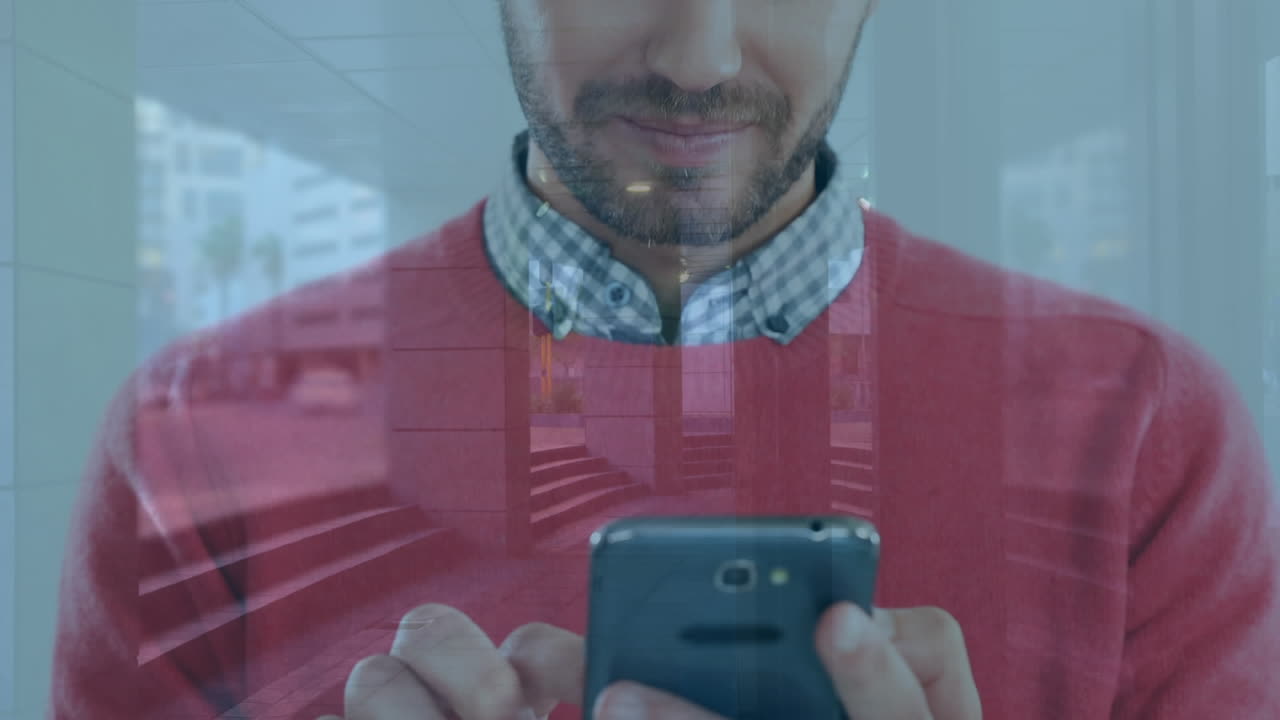 animación de un hombre usando un teléfono inteligente sobre el paisaje urbano