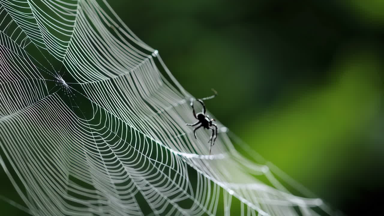 A close-up view of a spider on its intricate web with a green background