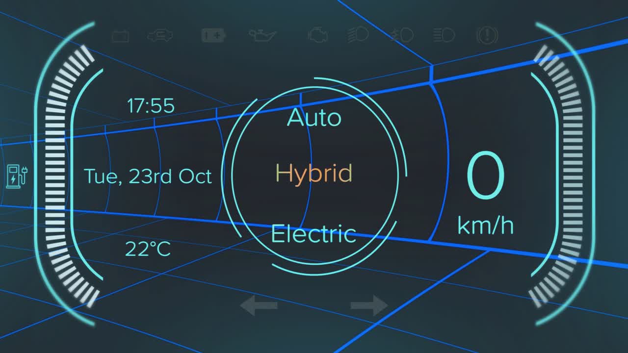 Futuristic HUD projecting over neon wireframe tunnel, showing auto mode gauge, bars and readouts