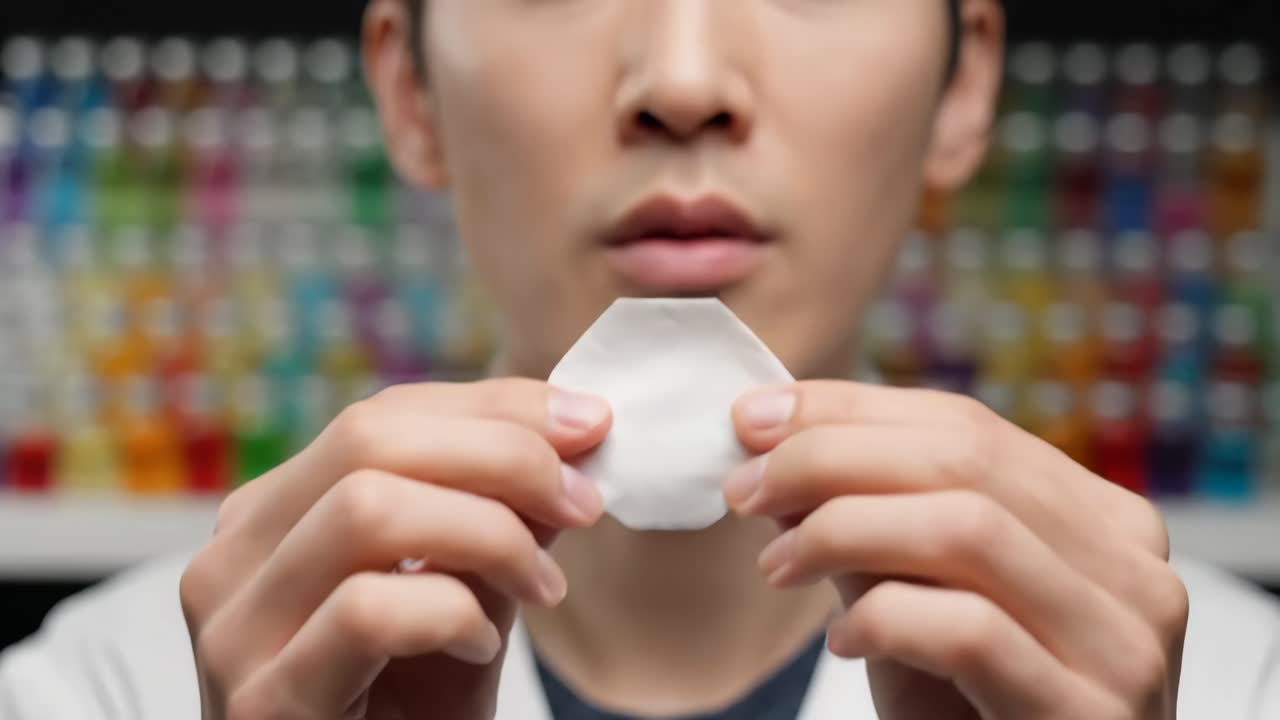 Man holding cotton pad to nose in lab