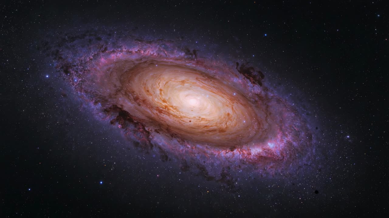Rotating spiral galaxy showing bright bulge, pink regions and dust lanes in outer space