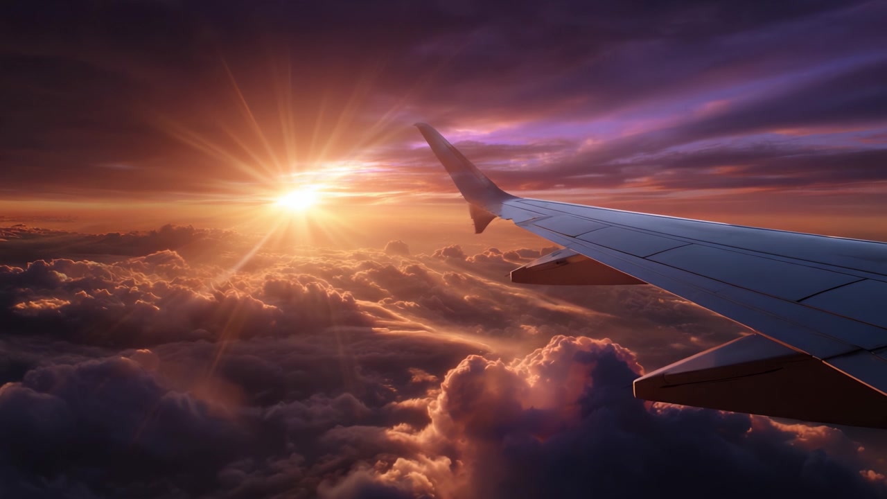 Vista aerea mozzafiato di un tramonto che illumina le nuvole da un finestrino di un aereo, catturando lo splendore della natura e la tranquillità del volo