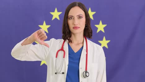 female doctor shows thumbs down gesture against european union flag
