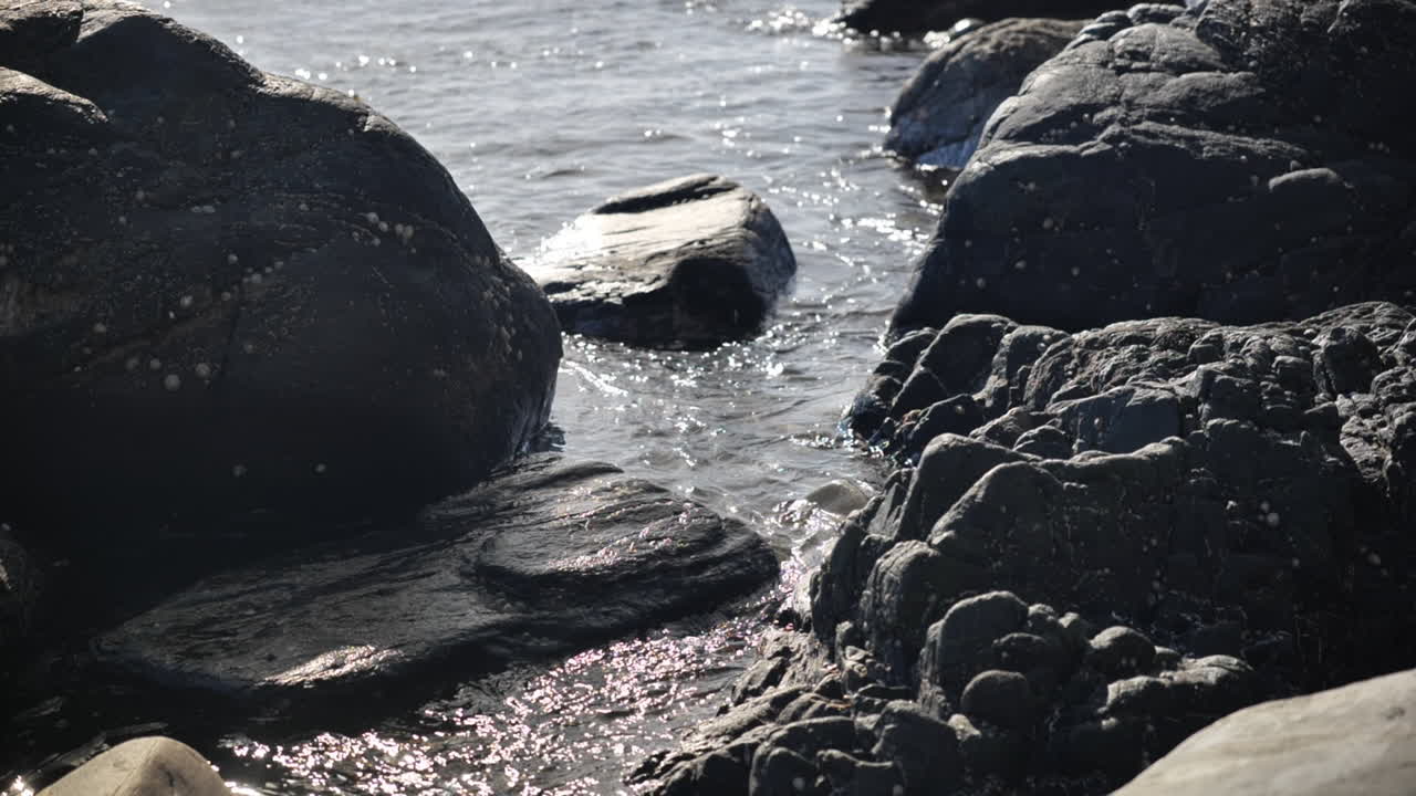 Tidewater current splashing into rocks in slow motion