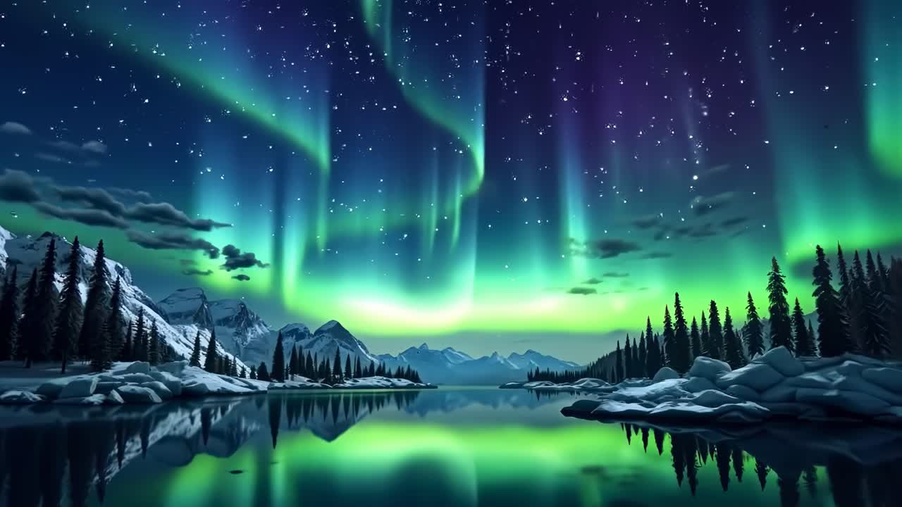 A mesmerizing wide-angle video of the Northern Lights over a serene lake, capturing vibrant auroras