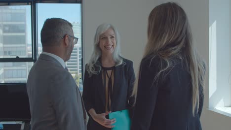 mujer de negocios positiva discutiendo el proyecto con sus socios