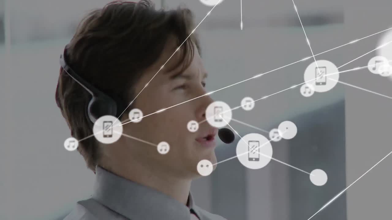 헤드 ⁇ 을 착용한 사업가에 대한 연결 네트워크와 아이콘의 애니메이션