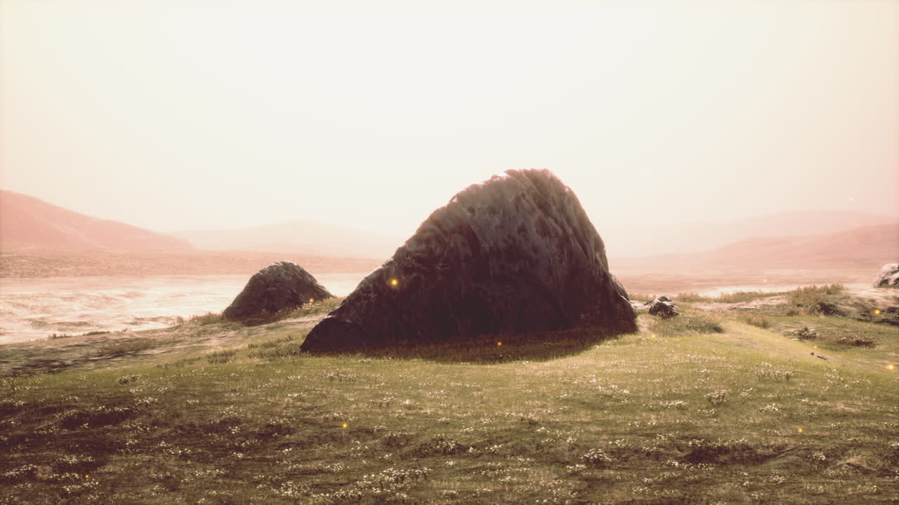 Green meadow on the background of the mountains