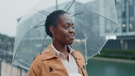 black woman, travel and city, umbrella and coffee