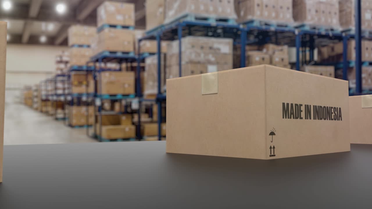cajas con texto hecho en indonesia en el transportador. animación 3d loopable relacionada con las mercancías de indonesia