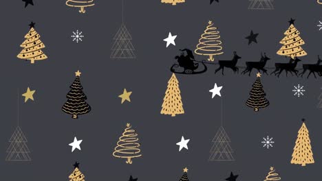 animación de santa claus en trineo con renos sobre estrellas y textura de árbol de navidad