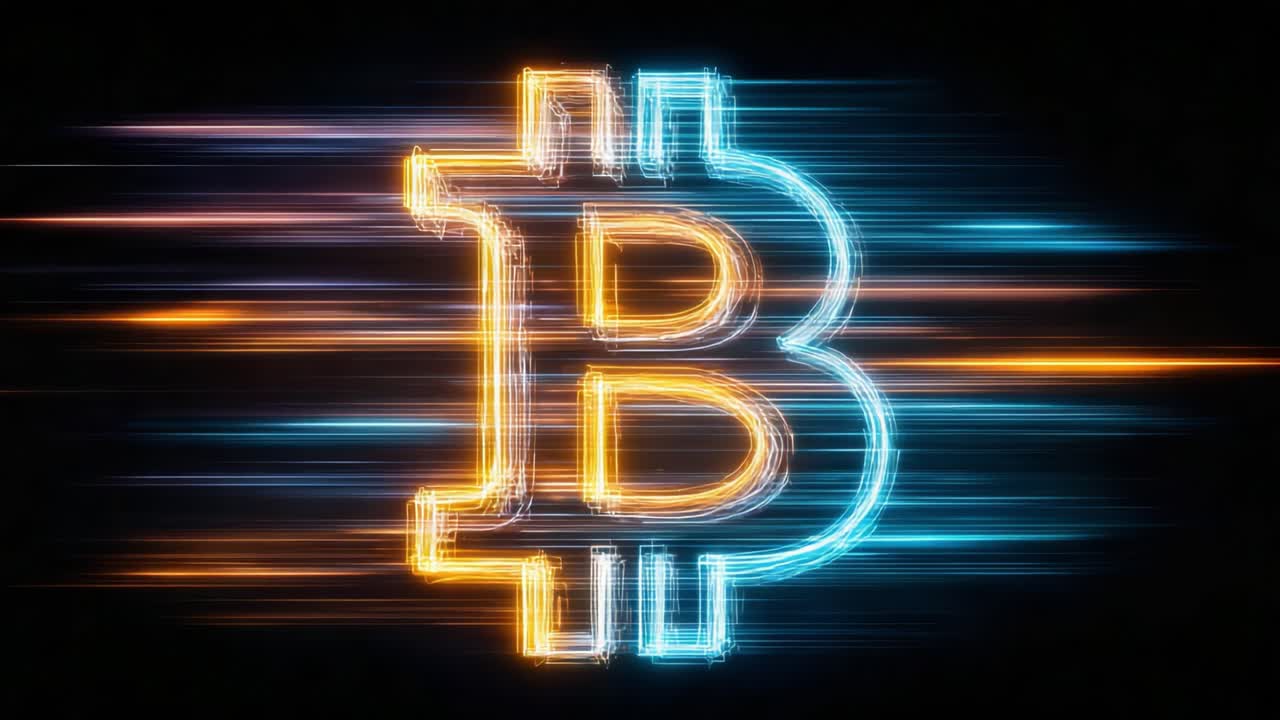 Dynamic Bitcoin Logo: A Vivid Representation of the Cryptocurrency Symbol Enhanced by Streaks of Light and Color, Symbolizing the Fast-Paced Nature of Digital Finance