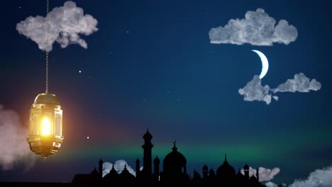 4k eid mubarak diseño islámico colgando linterna de vela de ramadán y mezquita, animación de fondo abstracta. eid muborak concepto de diseño islámico con ramadán. celebración religiosa de la fiesta musulmana asiática