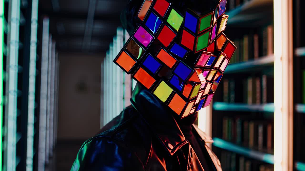 Mysterious individual sporting colorful cube mask wandering through neon lit library, wearing black leather jacket amid futuristic architectural environment