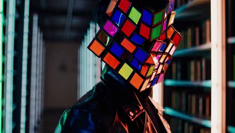mysterious individual sporting colorful cube mask wandering through neon lit library, wearing black leather jacket amid futuristic architectural environment