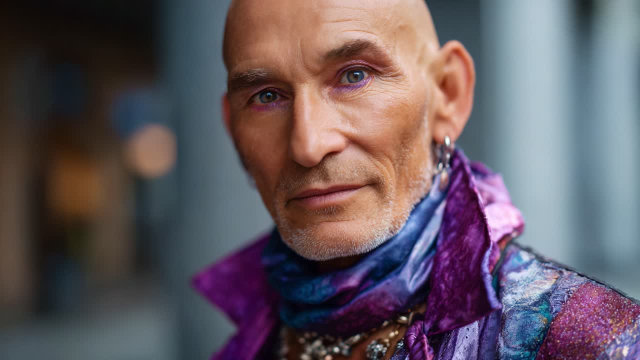 Splendido ritratto di una persona sicura di sé con uno stile inconfondibile e tratti accattivanti, che mette in mostra un look unico e la propria espressione personale