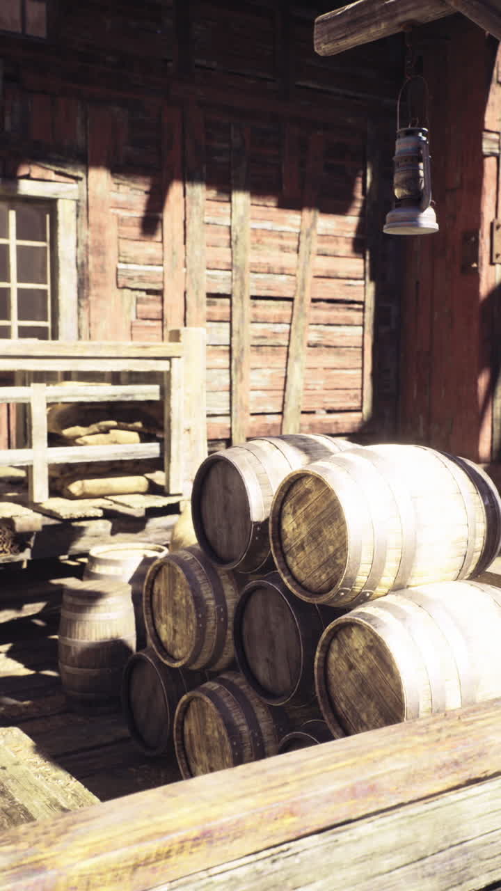 Rustic storage area with wooden barrels in an old mills interior