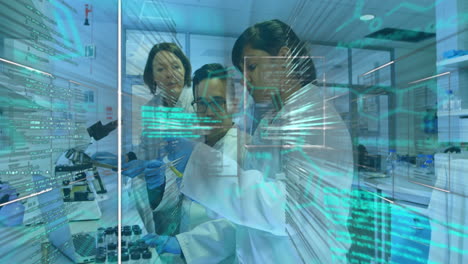 animación del procesamiento de datos científicos en diversas trabajadoras y trabajadores de laboratorio