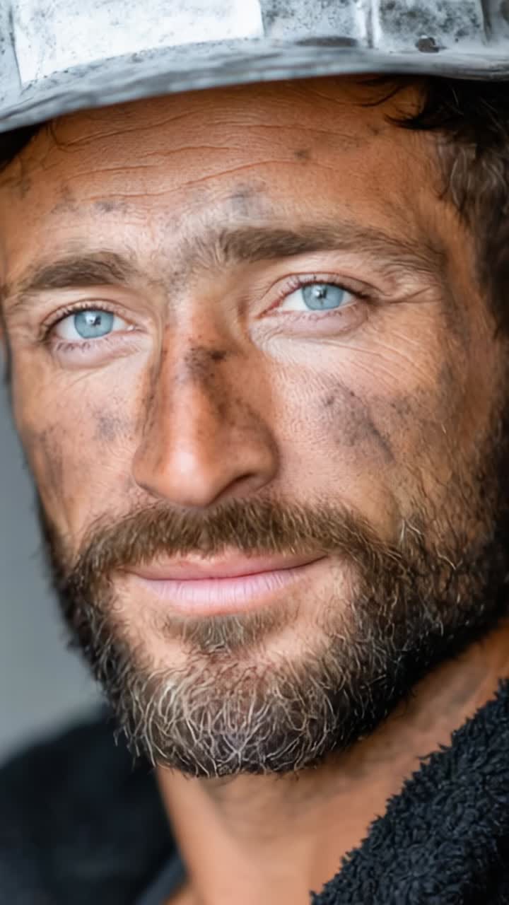 A Hardworking Individual Capturing the Essence of Labor: The Portrait of a Resilient Worker with Striking Blue Eyes and a Determined Expression Amidst the Beauty of Tough Work