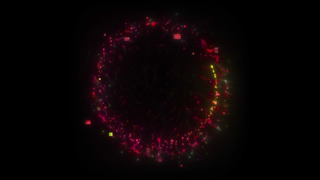 bucle sin costuras. animación de un portal redondo que consta de cuadrados glitched y coágulos de energía aislados en fondo negro con alpha luma matte vfx cg 4k. puerta espacial. ciencia ficción. futurista.