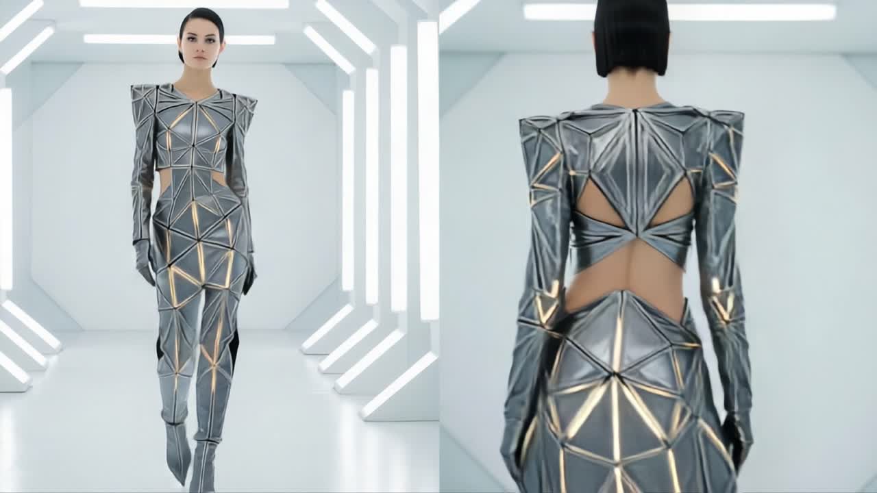 Futuristic Fashion Showcase: A Model Struts in a Stunning Geometric Silver Outfit with Bold Cutouts Under Neon Lights