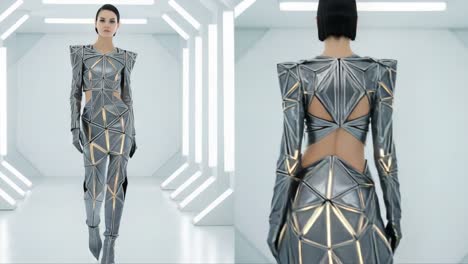 futuristic fashion showcase: a model struts in a stunning geometric silver outfit with bold cutouts under neon lights