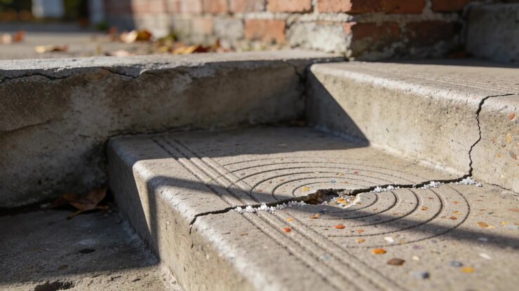 Shifting ringed shadow from sunlight across concrete step at brick doorway, showing crack, pebbles