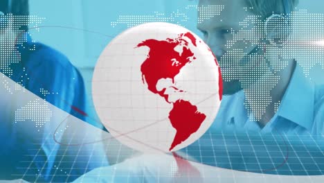 animation of spinning globe and world map over caucasian man wearing phone headset working at office