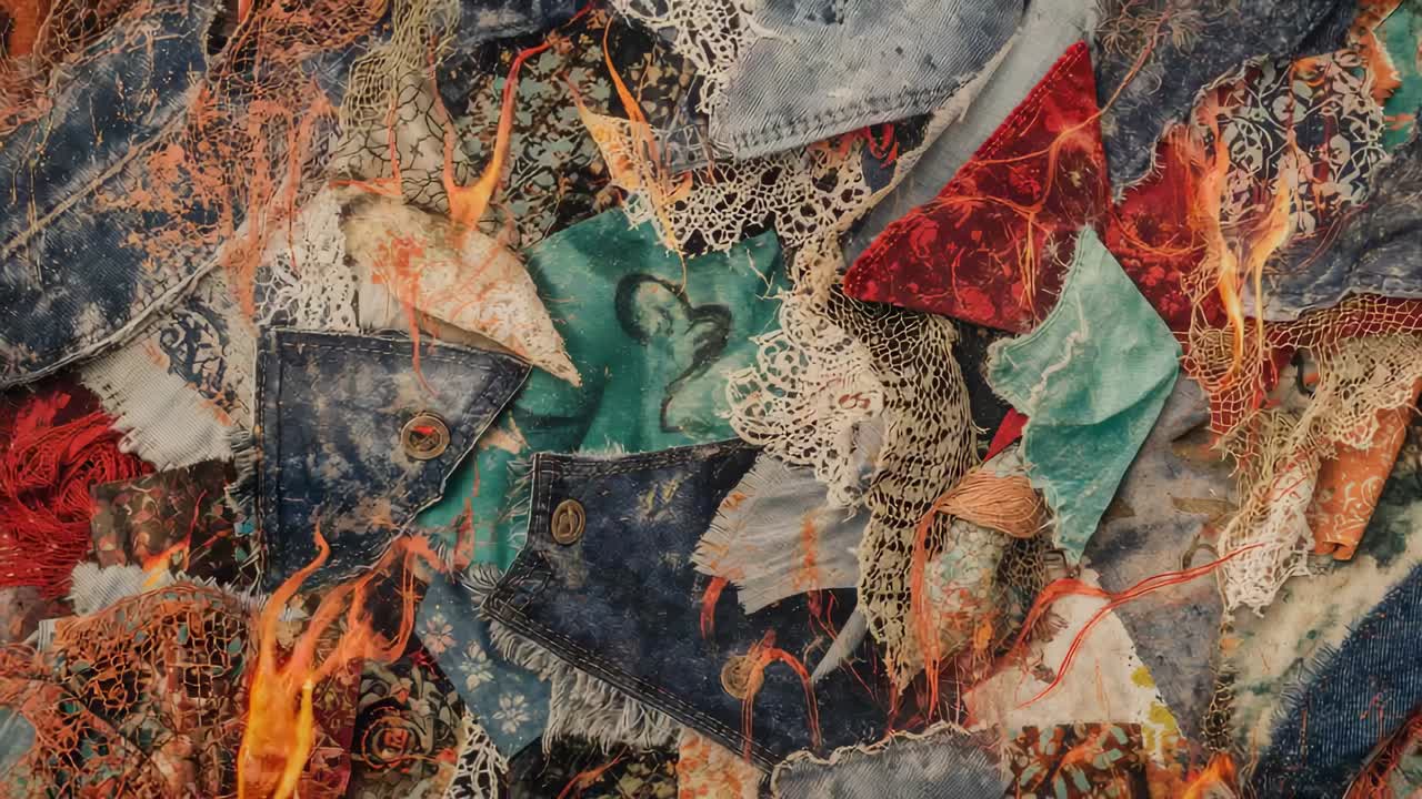 Emerging flame flickering at lower left of patchwork on table, consuming denim scraps, lace trim